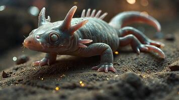 Alien Creature with Glowing Skin in a Mysterious Environment. A detailed, otherworldly creature with bioluminescent skin, blending into an extraterrestrial terrain filled with glowing particles. video