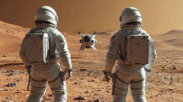 Astronauts on Mars with Space Drone.Two astronauts in spacesuits stand on Mars' surface, observing a hovering space drone amidst the planet's barren, rocky landscape. video