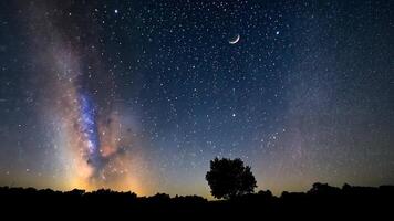 tarry Night Sky with Crescent Moon and Milky Way. A clear night sky filled with countless stars, a crescent moon, and the vibrant glow of the Milky Way. video