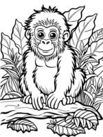 a baby gorilla sitting on a log, with its expressive face and a lush jungle background, vector