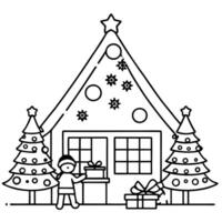 a christmas home with a giant christmas tree in front, covered in ornaments and lights, with elves vector