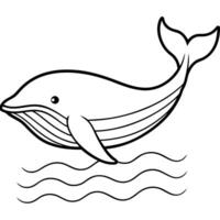 a detailed whale swimming through the ocean, with simple, wavy lines representing water, vector