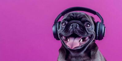 Pug dog wearing headphones listening to music, smiling with tongue out on a purple background with copy space for a banner mockup. The concept shows a pet photo