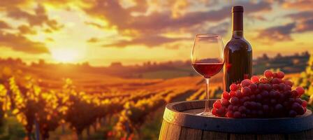 Wine and vineyard background with a wooden barrel, a glass of red wine on an old wood table in front of a colorful sunset over grape fields photo