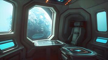 Spaceship Interior with View of Earth from Window. A futuristic spaceship cabin features a sleek design and a stunning view of Earth through the window, evoking space travel and exploration video