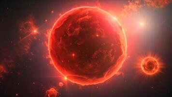 Fiery Planet with Glowing Atmosphere in Deep Space. A red, fiery planet with a glowing atmosphere floats in the vastness of space, radiating heat and energy amidst distant stars and cosmic dust video