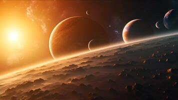 Multiple Planets and Moons in a Glowing Solar System. A breathtaking view of several planets and moons illuminated by a distant sun, capturing the vast beauty and mystery of a cosmic landscape. video