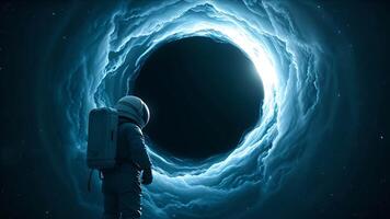 Astronaut Facing Mysterious Black Hole Vortex.An astronaut stares into a swirling black hole surrounded by glowing clouds, symbolizing space exploration, mystery, and the unknown. video