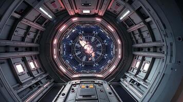 uturistic Space Station Corridor with Glowing Core. A detailed view inside a futuristic space station corridor, featuring a glowing, rotating core at the center. video