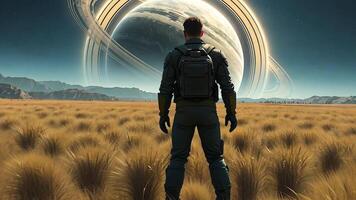 Explorer on Alien Planet Facing Massive Ringed Planet. A lone explorer in futuristic gear stands in a golden field, gazing at a massive ringed planet dominating the sky. video