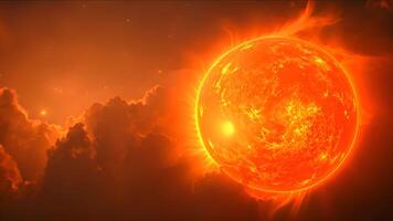 Glowing Sun with Fiery Solar Flares Amidst Cosmic Clouds. A radiant sun emits intense solar flares, surrounded by glowing clouds in deep space, evoking the power and energy of a massive star. video