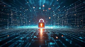 Digital lock icon on a blue grid network, representing secure data. video