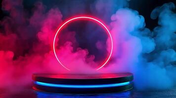 A dark, smoky backdrop with a round platform lit with neon blue and a glowing red circle behind it. video
