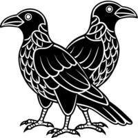 two black crows drawn in old norse celtic style, isolated on black, illustration, vector