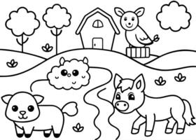 a lively and colorful illustration of a peaceful farm scene by a river the foreground vector