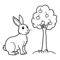 a rabbit and an high apple tree, illustration line art vector