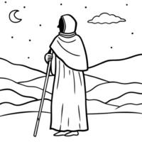 person in robe with cane in misty desert against dark sky, illustration line art vector