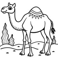 a funny camel with two humps in the desert, illustration line art vector