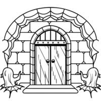 entrance to dungeons and hell a large open wooden door is shrouded in mist and cobwebs, vector