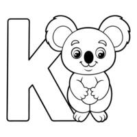 make a childrens coloring page with the letter k and a koala in one picture white background, line vector