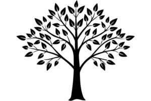 black silhouette of a tree with leaves isolated on white background, illustration vector