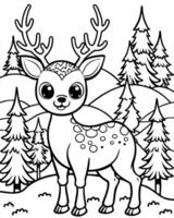 a cute and detailed black-and-white illustration of a young reindeer standing in a forest vector