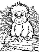 a baby gorilla sitting on a log, with its expressive face and a lush jungle background, vector