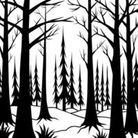 dark creepy forest with tall trees image taken by ai, illustration line art vector