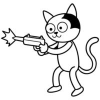 illustration of bold line art funny cat firing with gun with background, illustration vector