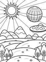 a strange planet with two bright suns shining in the sky, creating long shadows on the alien vector
