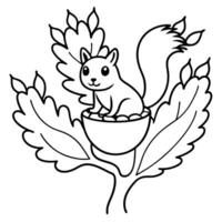 a cozy squirrels nest high in a tree, filled with acorns and leaves, depicted with fine, thin vector