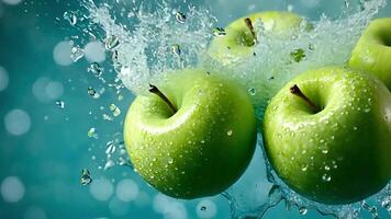 Green apples falling into water with splashes and droplets. video