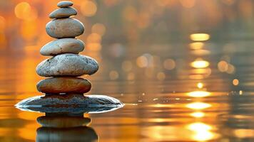 A perfectly balanced stack of stones floats on a calm lake, the setting sun casting a warm glow on the water. video