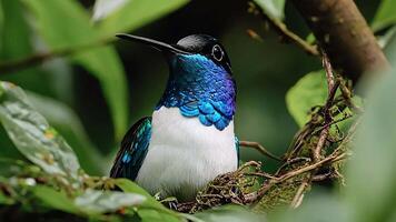 A blue and white hummingbird perches on a branch, its long beak pointing forward. The bird is surrounded by lush green foliage, creating a vibrant and natural scene. video
