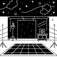 dark empty floor and studio room with smoke float up and neon light, spotlights, night view, vector