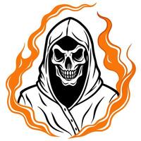 mysterious hooded figure with a skull face surrounded by orange smoke on a dark background, concept vector