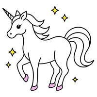 a charming cartoon unicorn with a white body, a flowing pink mane and tail adorned with sparkles, vector