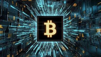 A glowing Bitcoin symbol in a futuristic digital space surrounded by a network of glowing lines. video