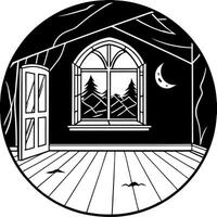 empty room interior in haunted house at night, eerie dark atmosphere, moonlight and fog coming from vector