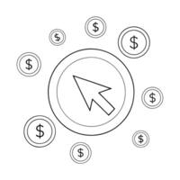 a modern icon of an arrow clicking on a circle and dollar sings around it symbolizing ppc or pay vector
