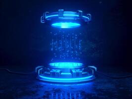 Futuristic 3d render mockup. Space theme illustration. Cyber platforms and cables with glowing neon lights. photo