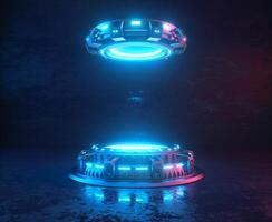 Futuristic 3d render mockup. Space theme illustration. Cyber platforms with glowing neon lights. photo