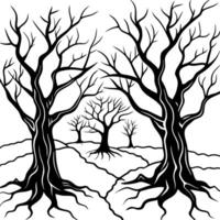 evil crooked trees deep in fantasy forest with twisted roots and bare branches, foggy eerie vector