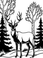 a silhouette of a deer standing alert in a forest clearing, illustration line art vector