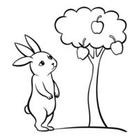 a rabbit couldnt reach the apples on the high tree, and felt sad, illustration line art vector
