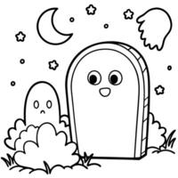 a cute ghost peeking from behind a spooky gravestone in a haunted graveyard with fog and fireflies, vector