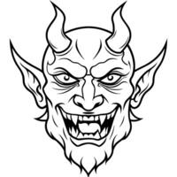 scary devil head with eyes glowing in hellfire, illustration line art vector