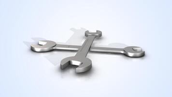 3D Spanner on a Reflective Floor. Wrench 3D Animation. Hardware Tools. 4K video