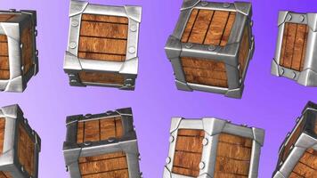 3D Wooden Crates with Metal Strapes Falling on a Light Background. Metal Crate. 4K video
