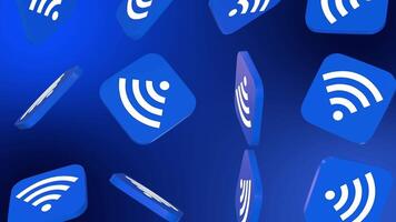 WiFi 3D Symbol Falling on a Blue Background. WiFi Signal Icon 3D Animation. 4K video